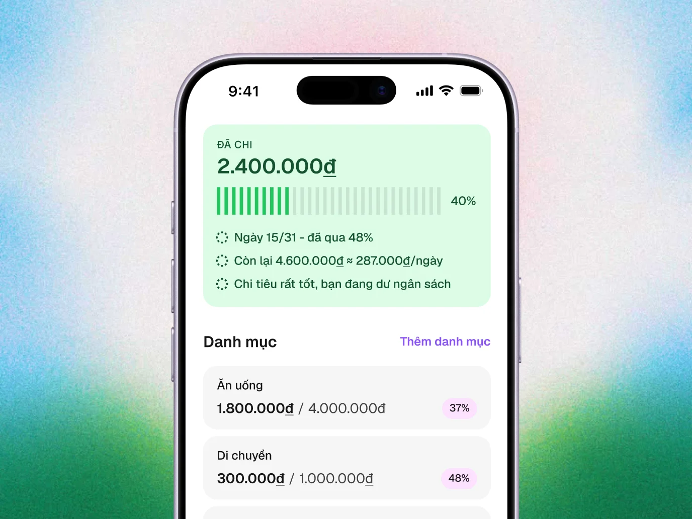 Budget screen with category limits